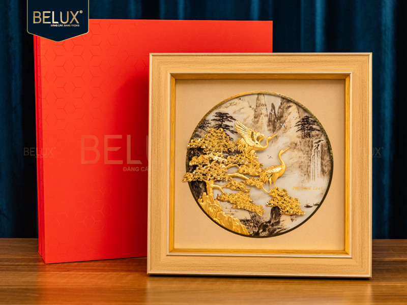 Tranh Tùng Hạc Dát Vàng 24k- 28x28cm